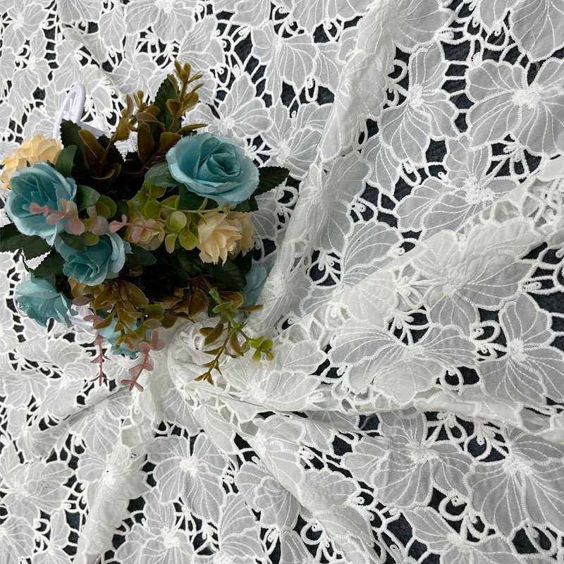 Pantone Color Polyester Charming lace Holes Florals Embroidery Laser Chiffon Fabric Cutting for Decoration