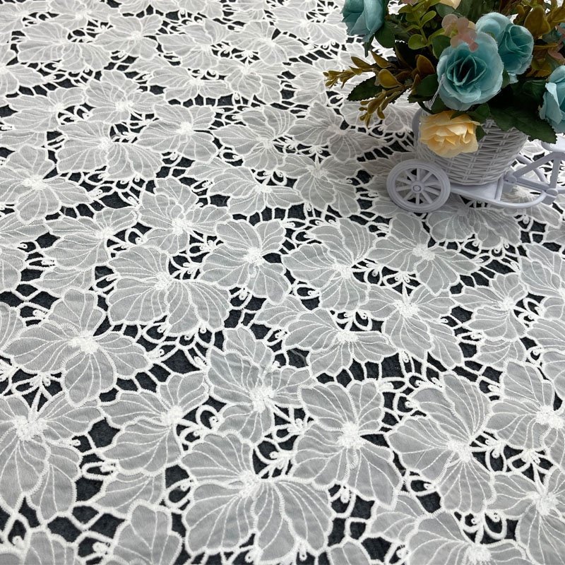 Pantone Color Polyester Charming lace Holes Florals Embroidery Laser Chiffon Fabric Cutting for Decoration
