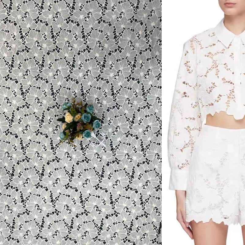 Pantone Color Polyester Charming lace Holes Florals Embroidery Laser Chiffon Fabric Cutting for Decoration