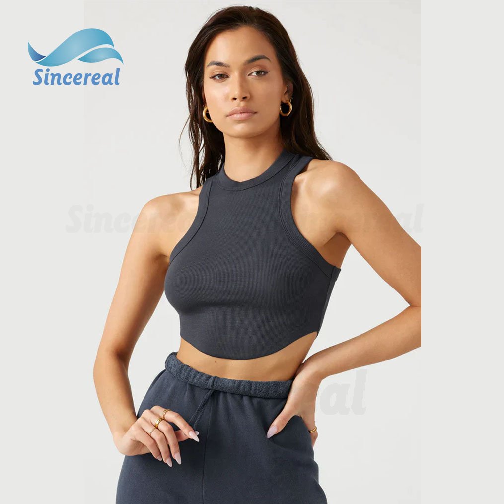 Wholesale Custom Logo Girl Sportswear Athletic Workout Gym Crop Sexy Sleeveless Racer Cropped Knit Rib crop Tank Top for Women
