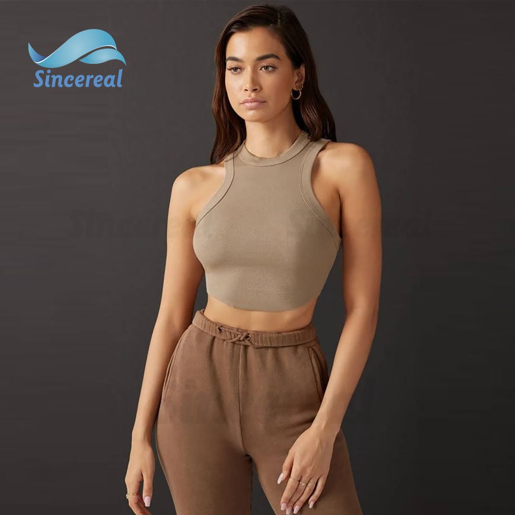 Wholesale Custom Logo Girl Sportswear Athletic Workout Gym Crop Sexy Sleeveless Racer Cropped Knit Rib crop Tank Top for Women