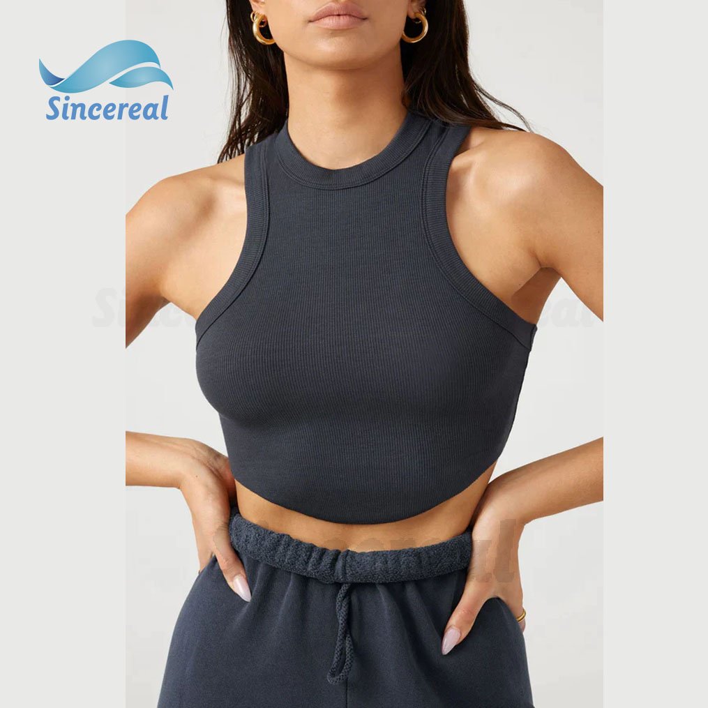 Wholesale Custom Logo Girl Sportswear Athletic Workout Gym Crop Sexy Sleeveless Racer Cropped Knit Rib crop Tank Top for Women