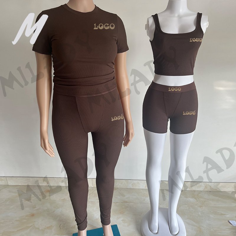 Cotton Ribbed Knit Lounge wear Women's Two Piece Set Leggings and Short Sleeve Casual Loungewear Sets