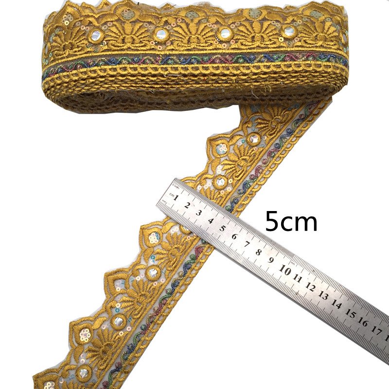 Luxury Wedding Golden Lace Fabric Appliqued Colored Sequins Embroidered Ribbons Belt Braided Gold Flower Sewing Lace Trim