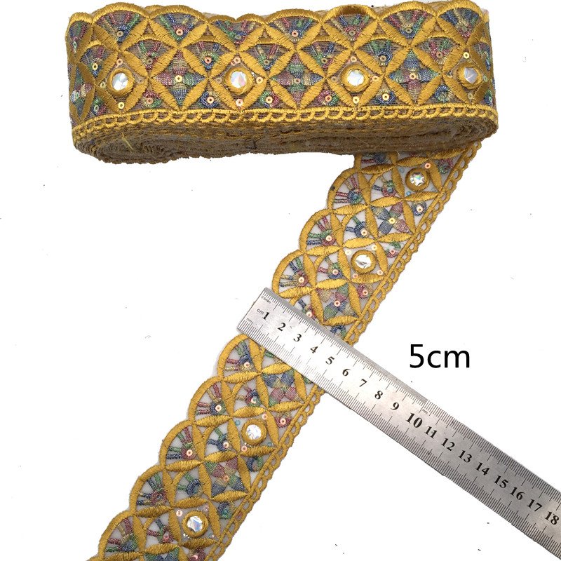 Luxury Wedding Golden Lace Fabric Appliqued Colored Sequins Embroidered Ribbons Belt Braided Gold Flower Sewing Lace Trim