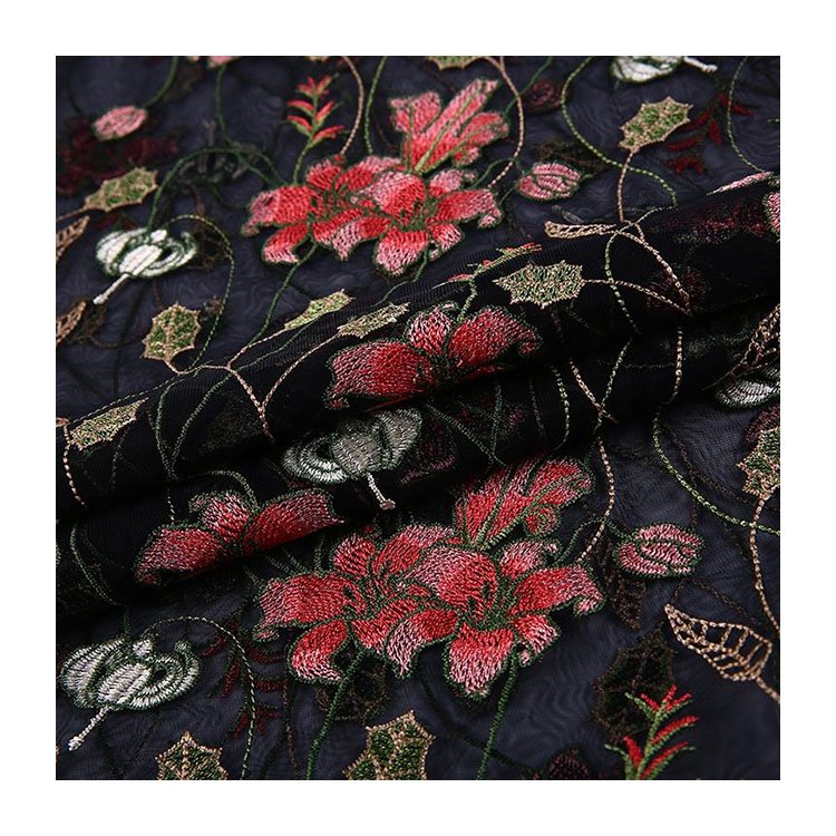HA-14262C Lace Supplier Black Embroidery Flower Polyester Floral Beaded soft 3d floral lace fabric embroidery