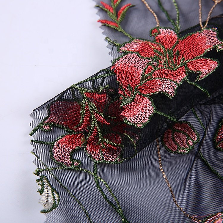 HA-14262C Lace Supplier Black Embroidery Flower Polyester Floral Beaded soft 3d floral lace fabric embroidery
