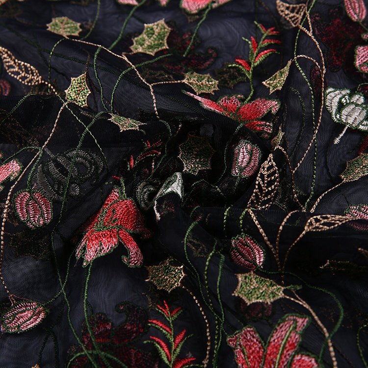 HA-14262C Lace Supplier Black Embroidery Flower Polyester Floral Beaded soft 3d floral lace fabric embroidery