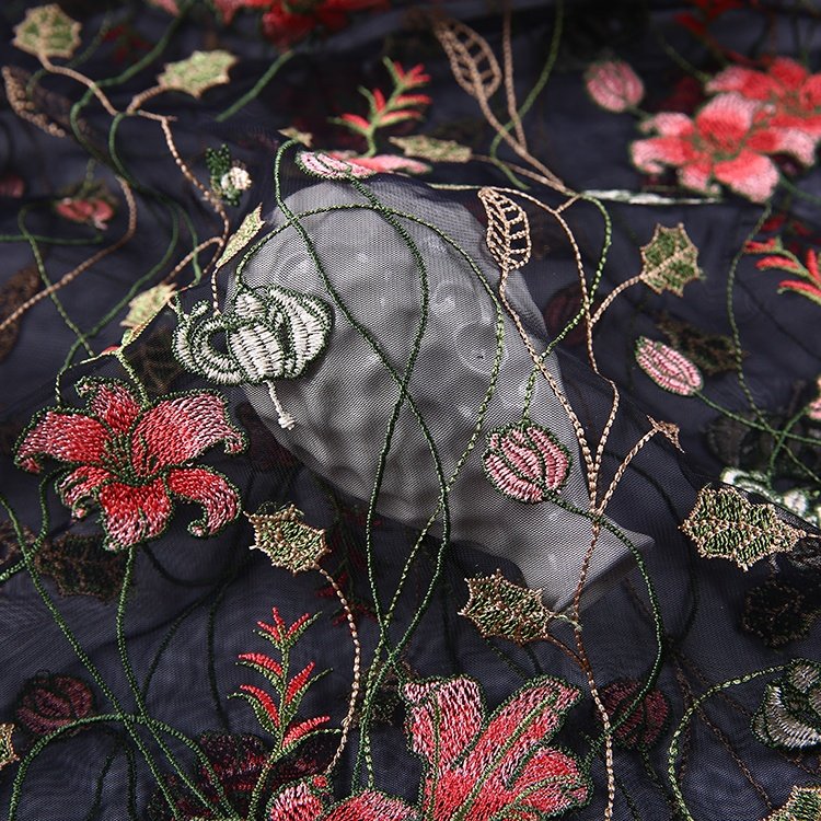 HA-14262C Lace Supplier Black Embroidery Flower Polyester Floral Beaded soft 3d floral lace fabric embroidery
