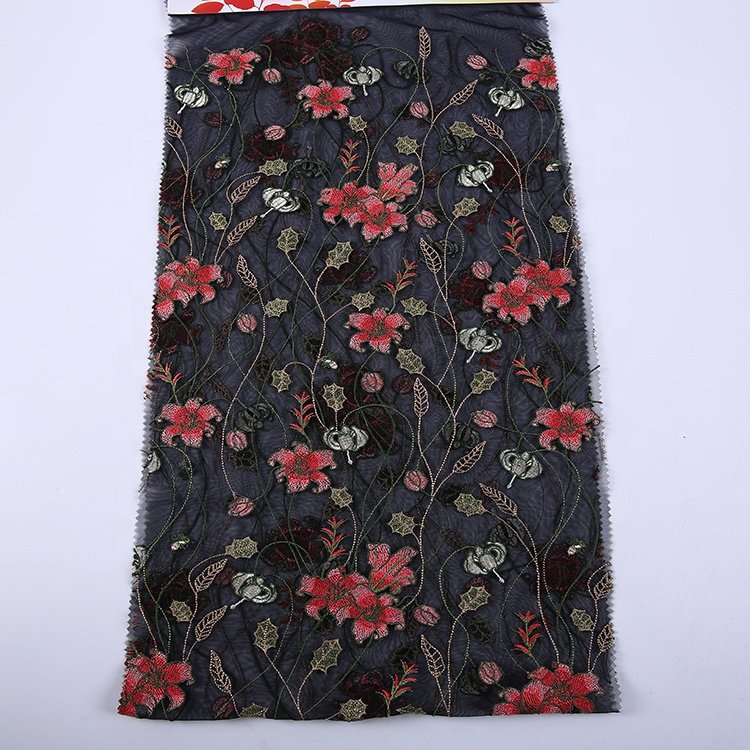 HA-14262C Lace Supplier Black Embroidery Flower Polyester Floral Beaded soft 3d floral lace fabric embroidery