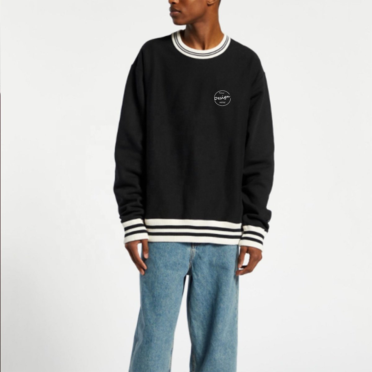 OEM Manufacturer Best Price Color Block Striped Ribbed Cuff And Hem Crewneck Fashion Embroidery Logo Design Male Sweatshirts