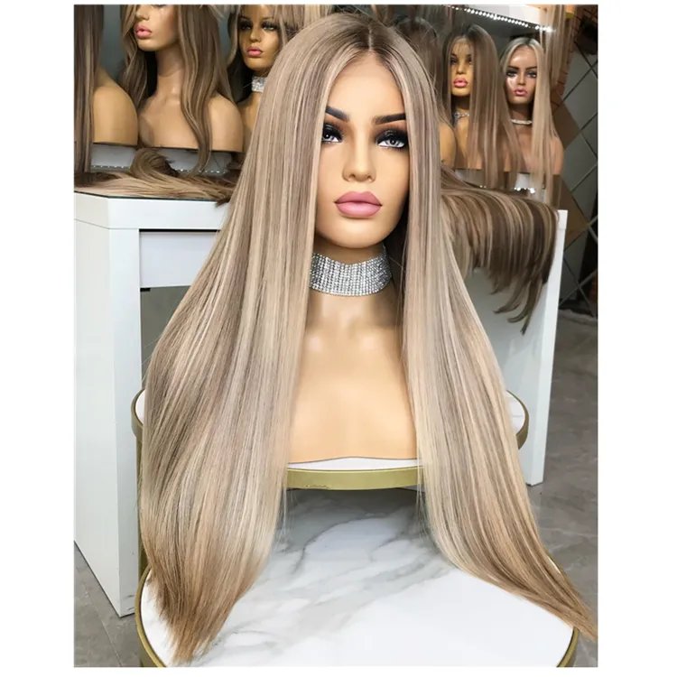 14A Grade Invisible Knots Highlight #60 With Ash Blonde Color Silky Straight Full Virgin Human Hair Lace Front Silk Top Wigs