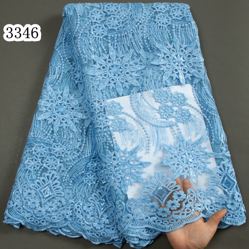 3346 Baby Blue French Mesh Net Lace With Sequins Cheapest Embroidery African Lace Fabric 2023 High Quality For Senegal Women