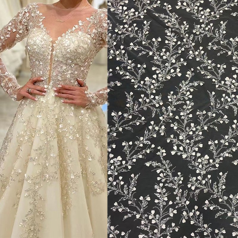 White Shinny Sequin Embroidery Bridal Applique Lace Fabric for Wedding Dress Soft Sarees Party Wear Wedding Embroidery Work
