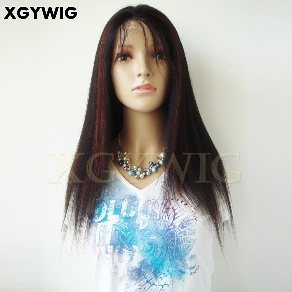 Stock light Yaki Straight 1B/33 highlight color 100% human hair 13"x4" Indian remy lace front wig with elastic band