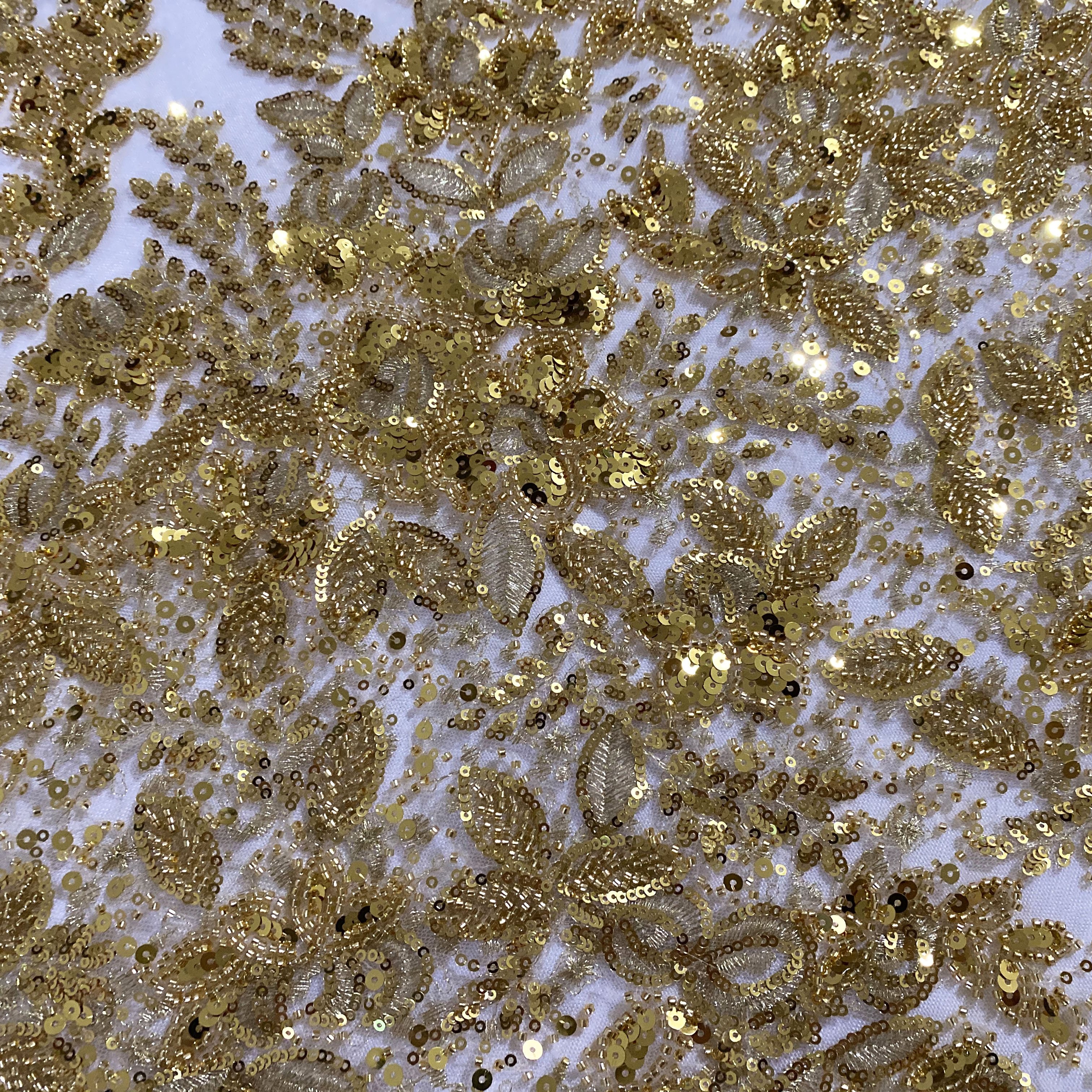 Factory price beaded lace fabric gold for elegant dress