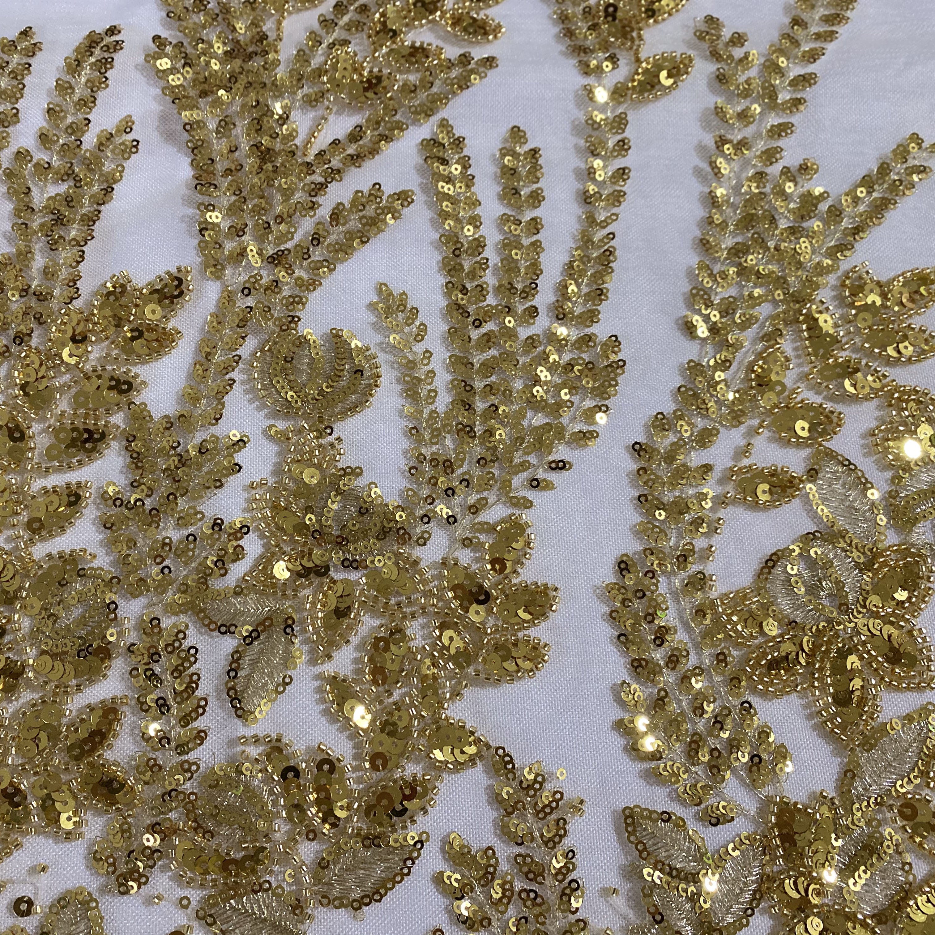 Factory price beaded lace fabric gold for elegant dress