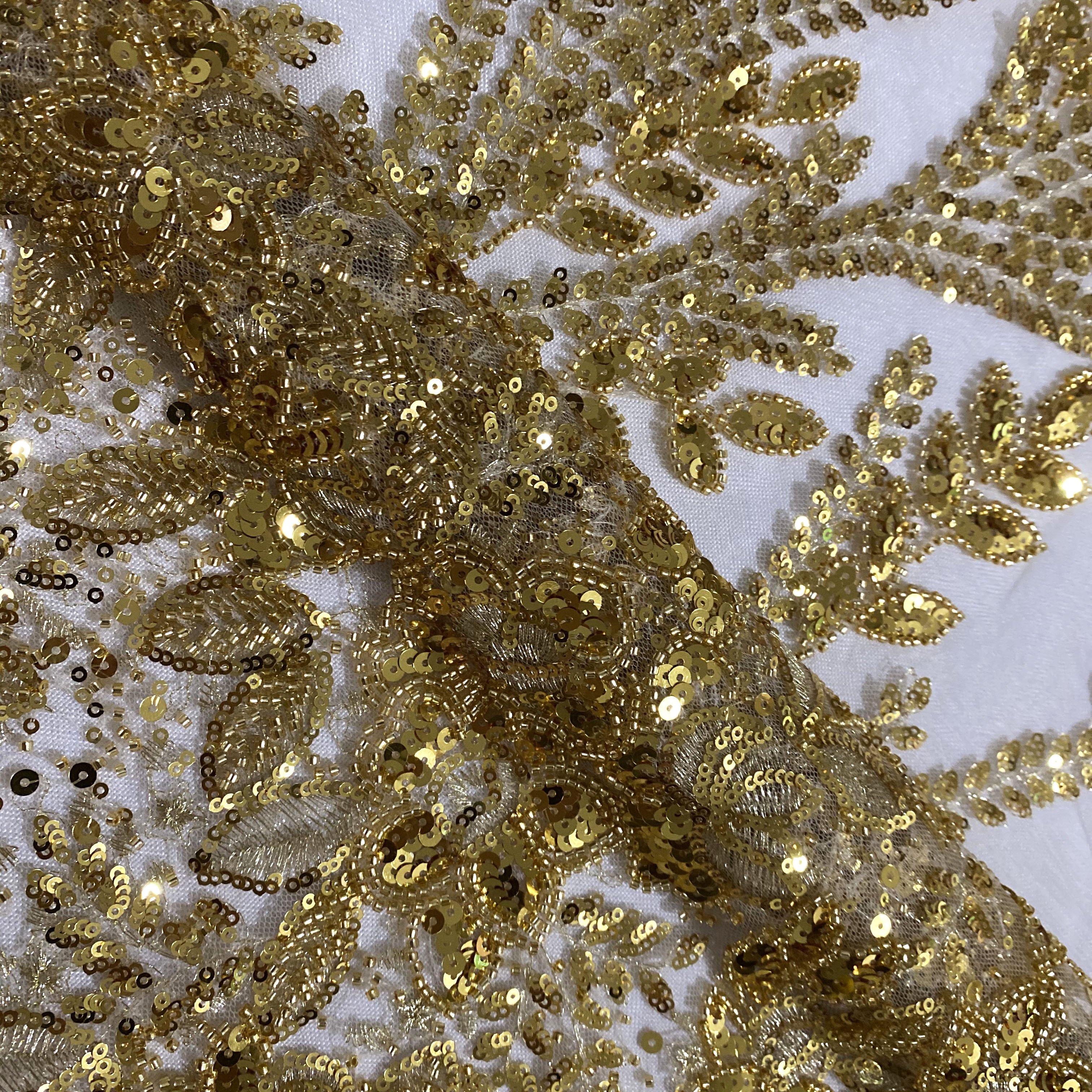 Factory price beaded lace fabric gold for elegant dress