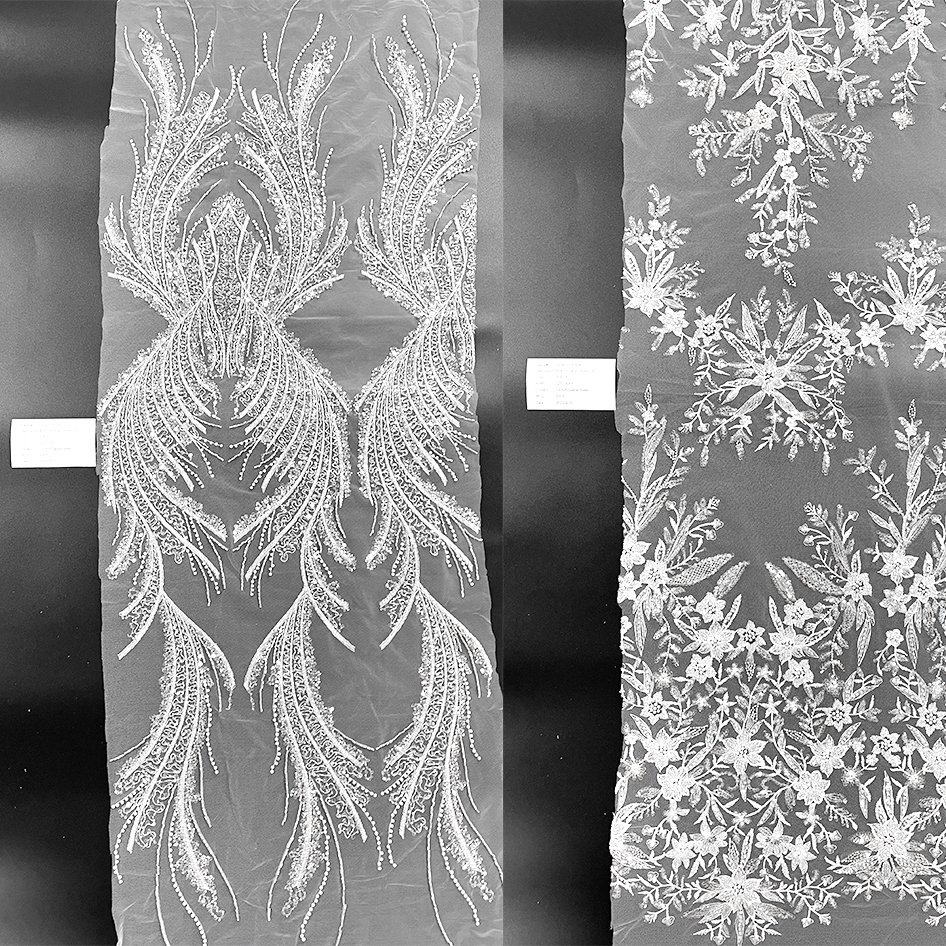 Fabric Factory in-stock Silver White Shiny Mesh Lace Embroidery Fabric with Glitter powder for Bridal Dress