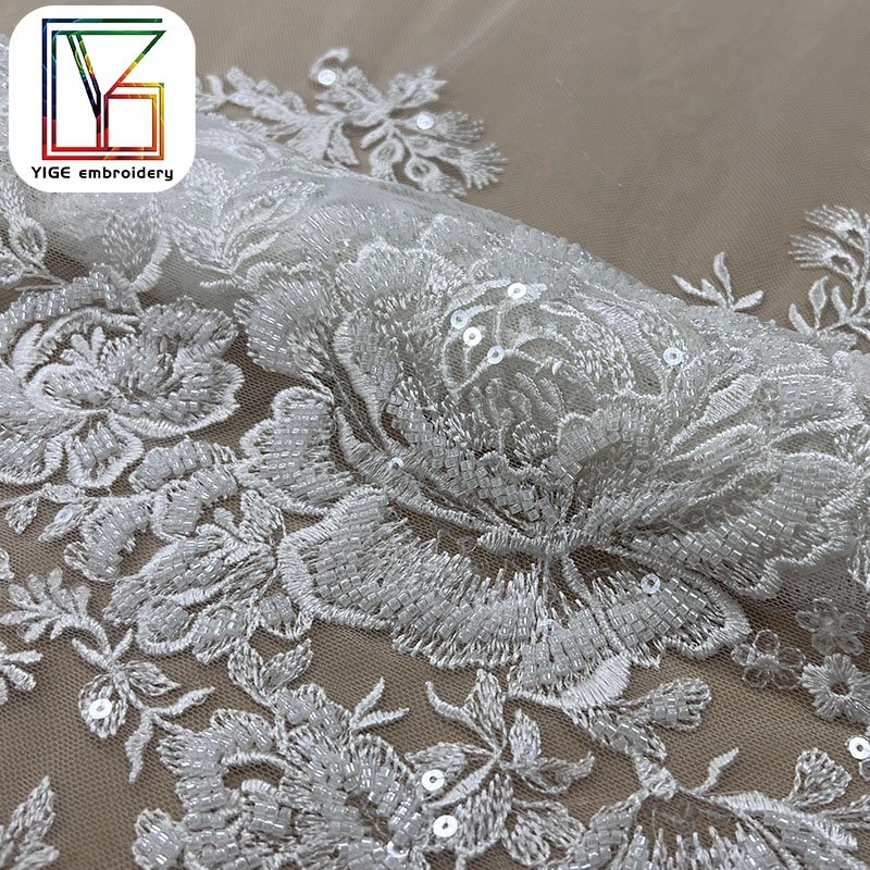 luxury white high quality bridal evening dress 3D lace fabric heavy hand beaded pearl tulle embroidery lace fabric for dresses