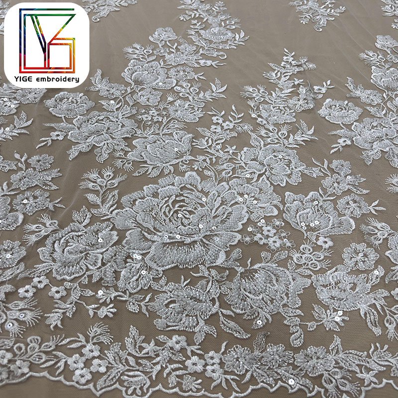 luxury white high quality bridal evening dress 3D lace fabric heavy hand beaded pearl tulle embroidery lace fabric for dresses