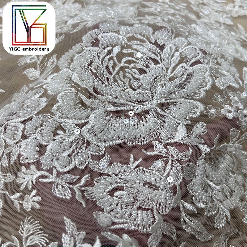 luxury white high quality bridal evening dress 3D lace fabric heavy hand beaded pearl tulle embroidery lace fabric for dresses