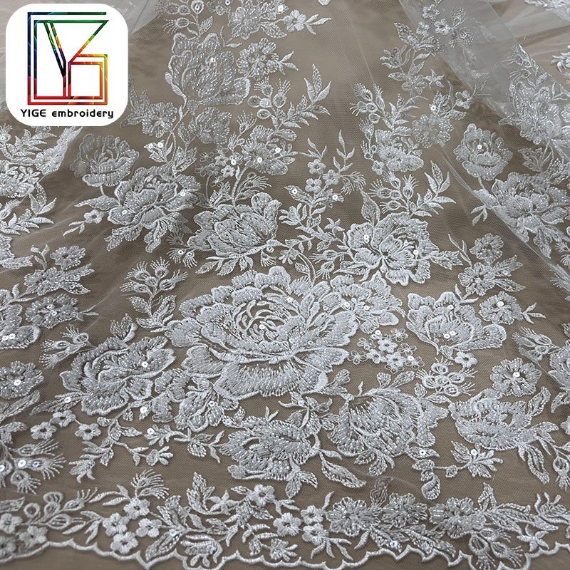luxury white high quality bridal evening dress 3D lace fabric heavy hand beaded pearl tulle embroidery lace fabric for dresses