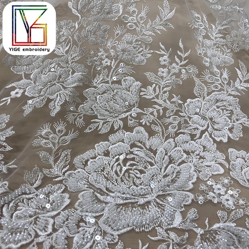 luxury white high quality bridal evening dress 3D lace fabric heavy hand beaded pearl tulle embroidery lace fabric for dresses