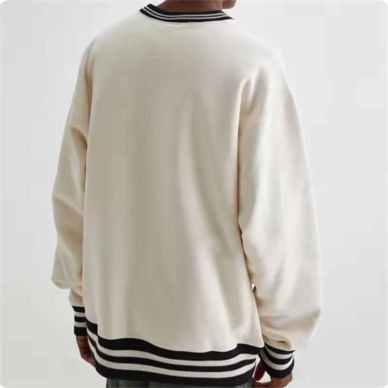 Striped Ribbed Cuff And Hem Crewneck Fashion Embroidery Logo Design Male Sweatshirt