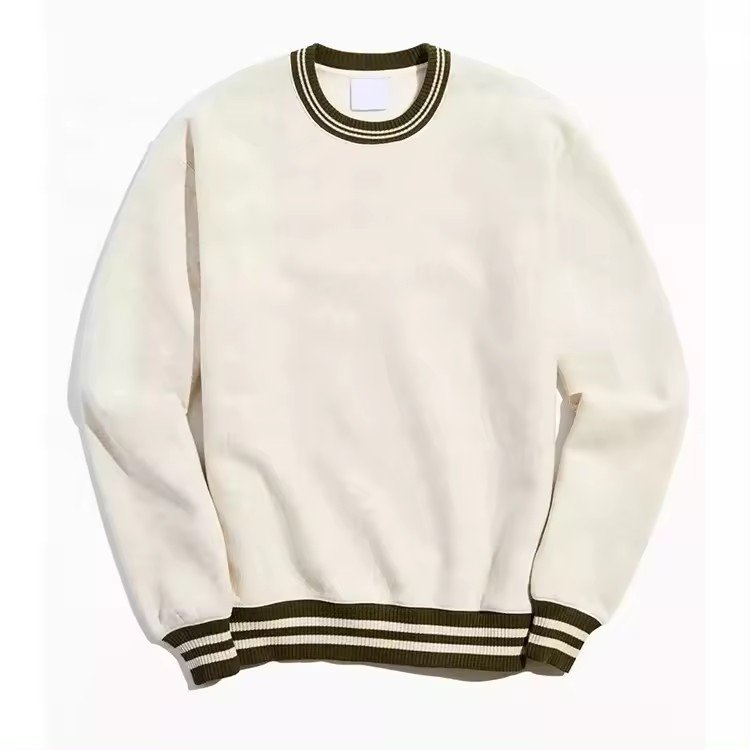 Striped Ribbed Cuff And Hem Crewneck Fashion Embroidery Logo Design Male Sweatshirt