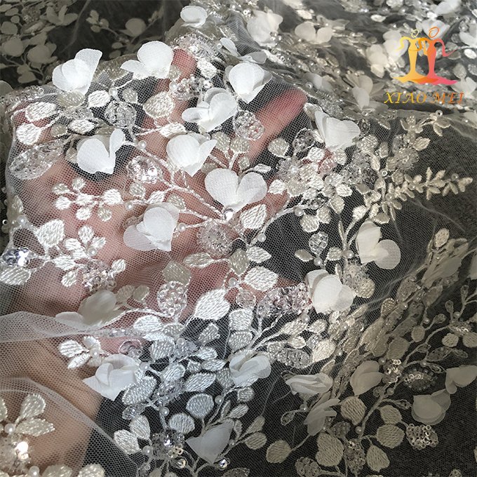 High -end 100% polyester hand made craft 3D floral embroidery luxury heavy beaded & sequined bridal couture lace fabric