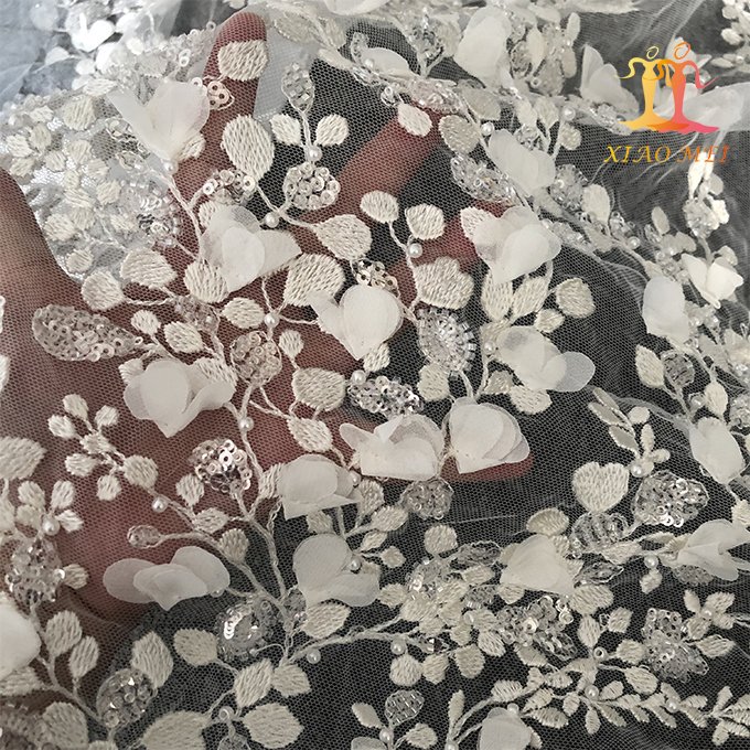 High -end 100% polyester hand made craft 3D floral embroidery luxury heavy beaded & sequined bridal couture lace fabric