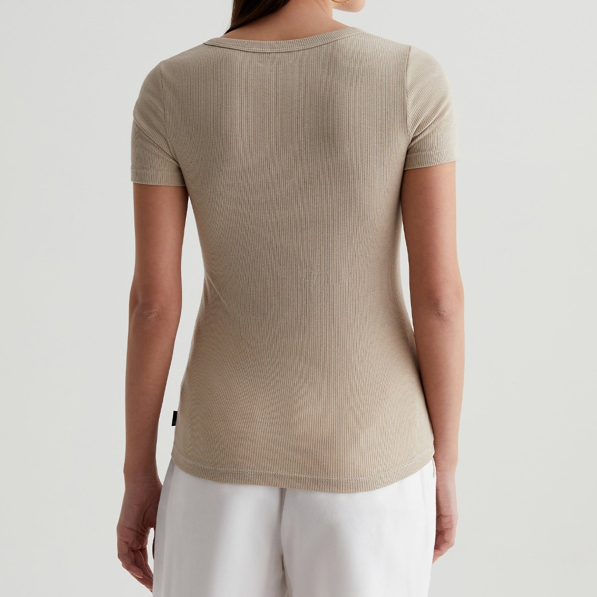 OEM/ODM Custom Classic Beige Women's Scoop Neck Rib Knit Top - Stretch-Blend Fabric, Thick Binding, Short-Sleeve Layering Tee