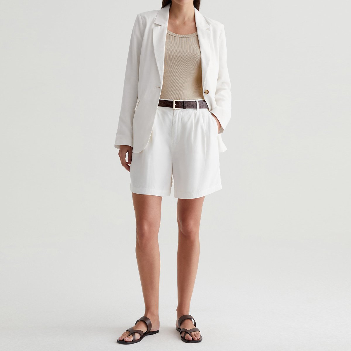 OEM/ODM Custom Classic Beige Women's Scoop Neck Rib Knit Top - Stretch-Blend Fabric, Thick Binding, Short-Sleeve Layering Tee