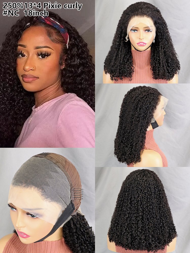 New Arrival 13x4 Full Frontal Pixie Curly Wigs Double Drawn Curly Hair Density 250% Transparent Lace Front Wig Natural Color