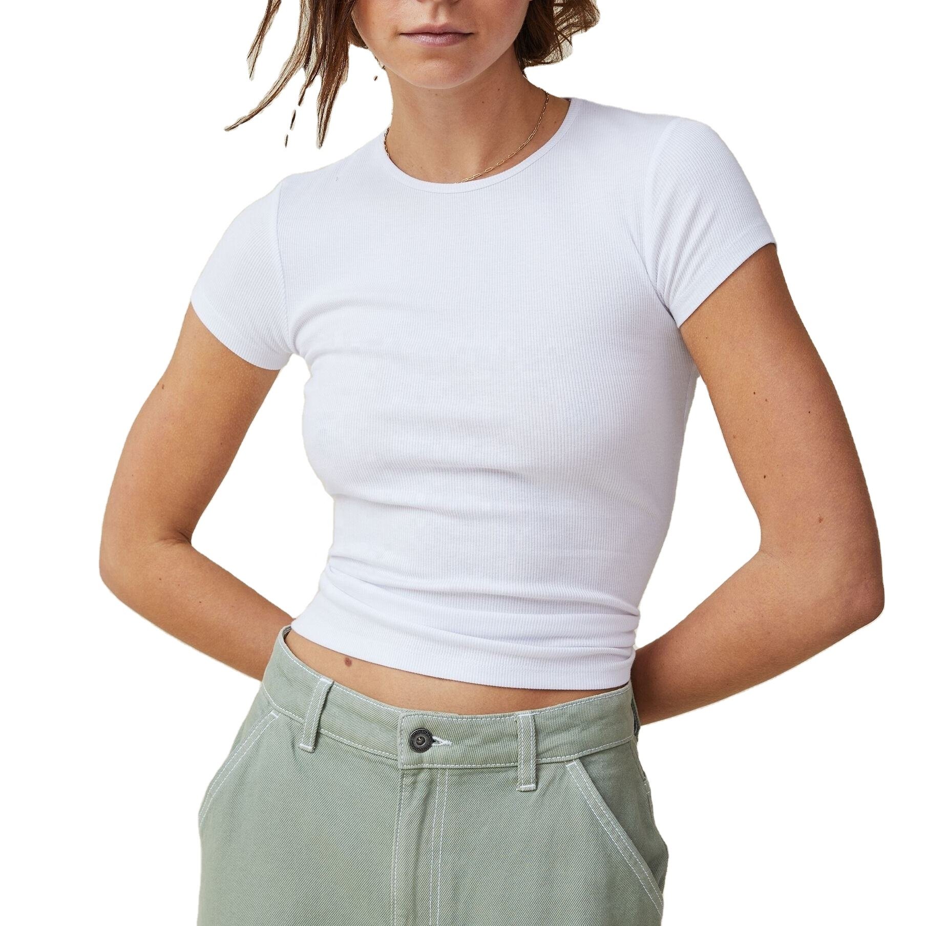 Fashion Baby Custom Women Ribbed Crewneck Top Elastic Slim Fit T Shirts OEM Embroidery Sexy Basic Street Bulk Ladies Plain Tee