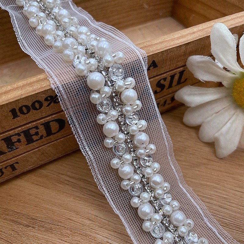 wholesale Handmade bead lace trims pearl lace hat Decoration DIY beaded decorative trims webbing accessories