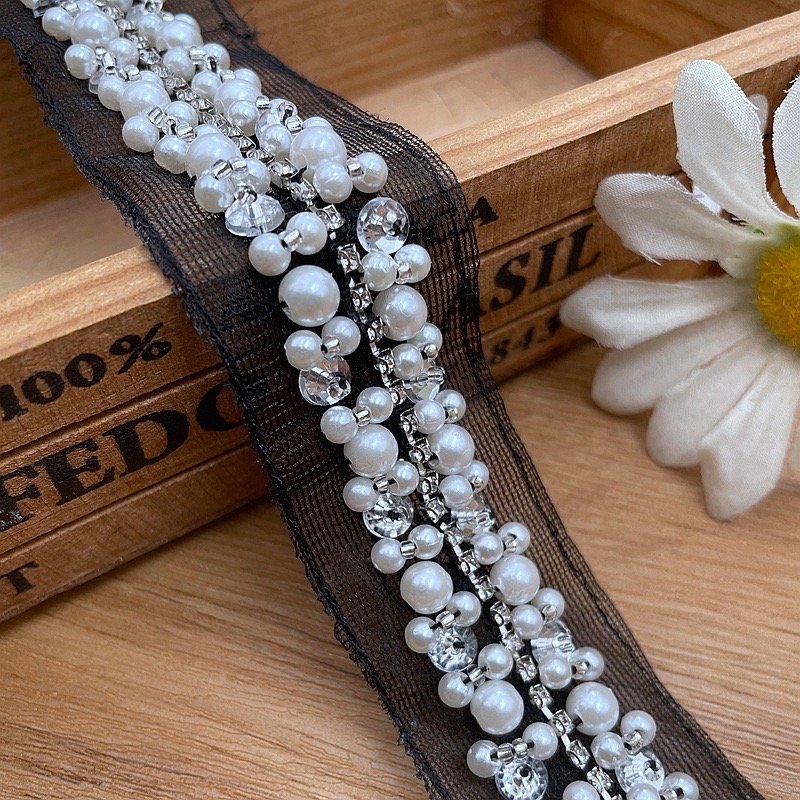wholesale Handmade bead lace trims pearl lace hat Decoration DIY beaded decorative trims webbing accessories