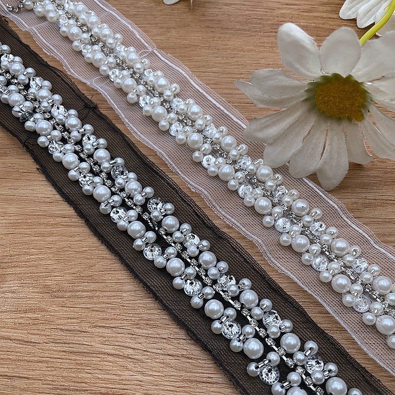wholesale Handmade bead lace trims pearl lace hat Decoration DIY beaded decorative trims webbing accessories