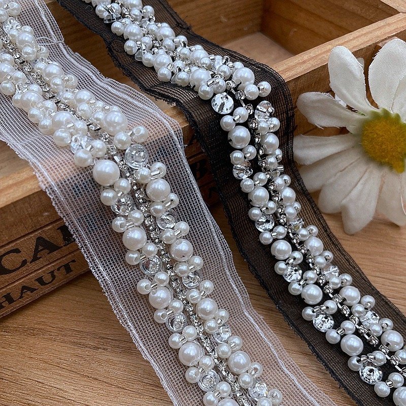 wholesale Handmade bead lace trims pearl lace hat Decoration DIY beaded decorative trims webbing accessories