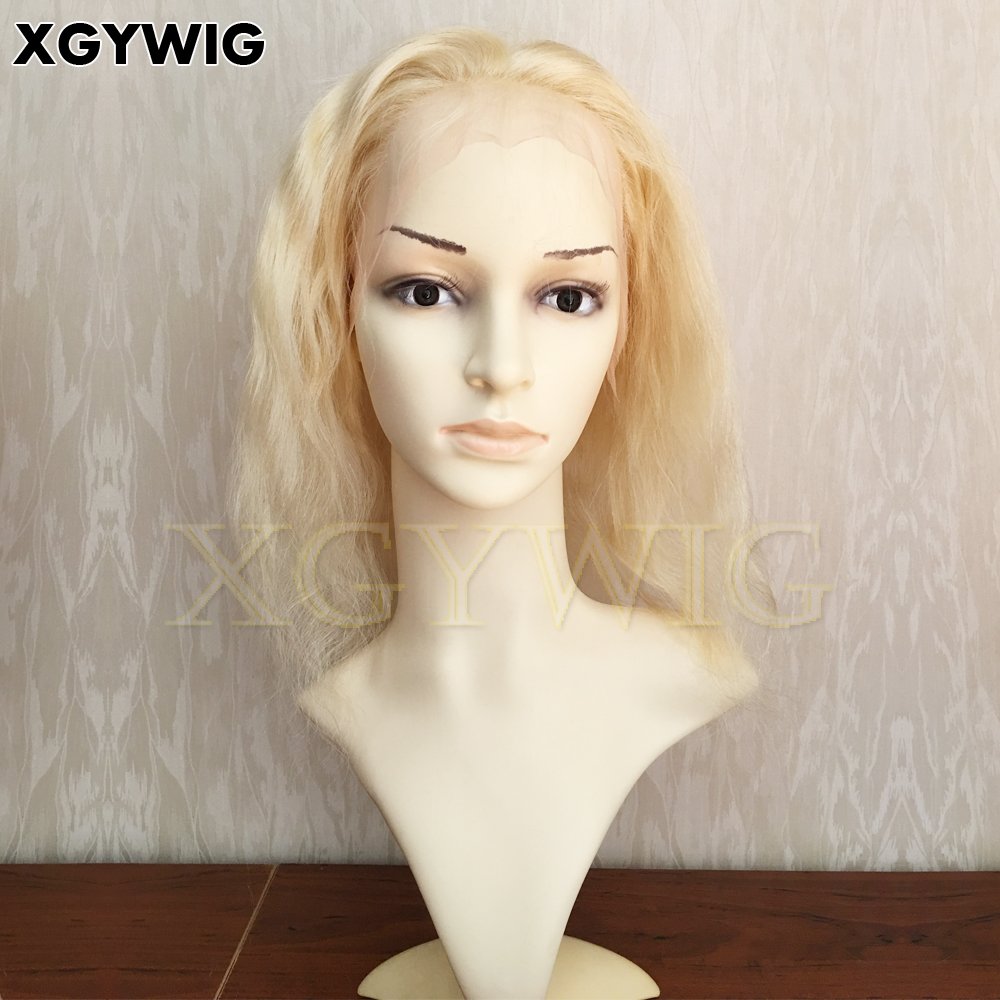 Stock 100% Virgin Remy Brazilian human hair 14" Color 613# Short Body Wave Glueless 13x4 platinum blonde front lace wigs