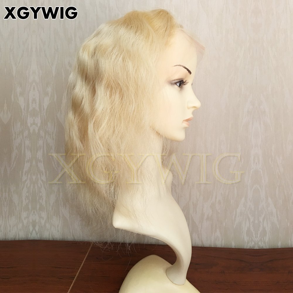 Stock 100% Virgin Remy Brazilian human hair 14" Color 613# Short Body Wave Glueless 13x4 platinum blonde front lace wigs