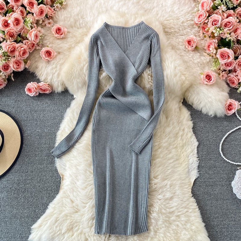 Women Chic Fashion Black Sweater Dress Outfits Clothes V-neck Autumn Winter Elegant Ribbed Knitted Bodycon dress