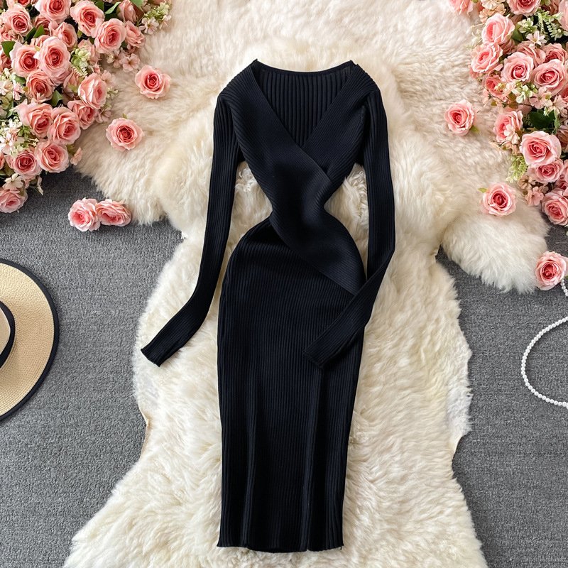 Women Chic Fashion Black Sweater Dress Outfits Clothes V-neck Autumn Winter Elegant Ribbed Knitted Bodycon Dress