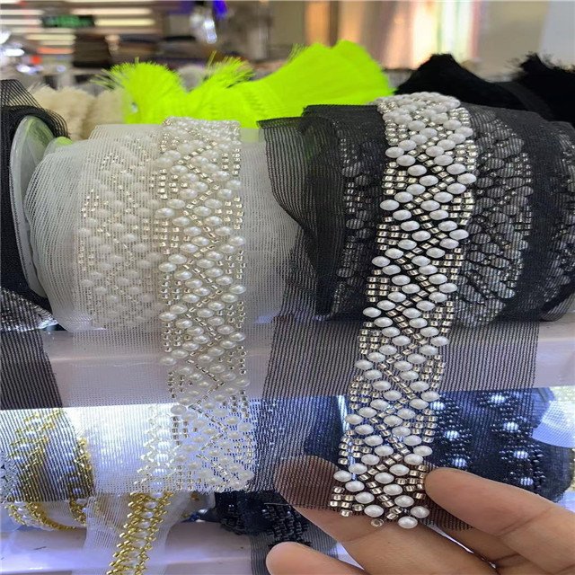 hand sewing machine made fancy woman decorative pearl beaded lace trimming for sewing clothes