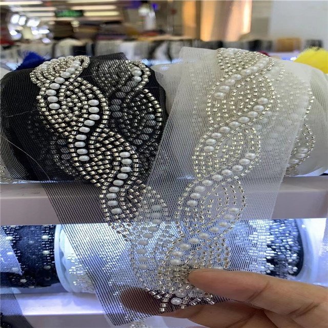 hand sewing machine made fancy woman decorative pearl beaded lace trimming for sewing clothes