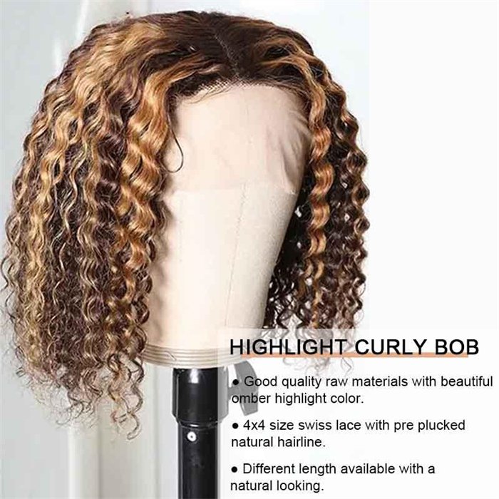 Wholesale Transparent Lace Highlight Brown Bob Wig 4x4 Short Ombre Curly Lace Closure Wig