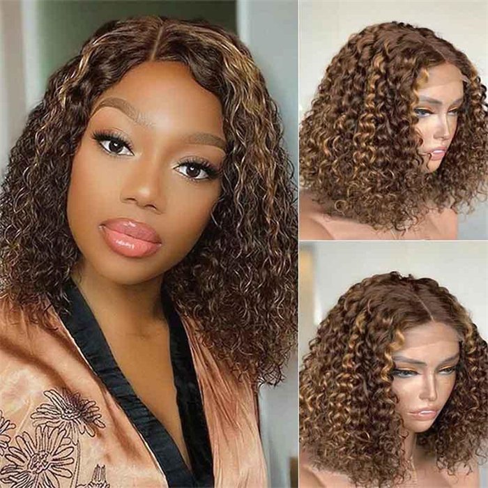 Wholesale Transparent Lace Highlight Brown Bob Wig 4x4 Short Ombre Curly Lace Closure Wig