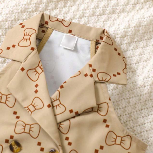 Luxury Vintage Bowknot Printed Kids Clothing Girls V-neck Collar Sleeveless Vest Pleated Skirt Children's Clothes For Girls