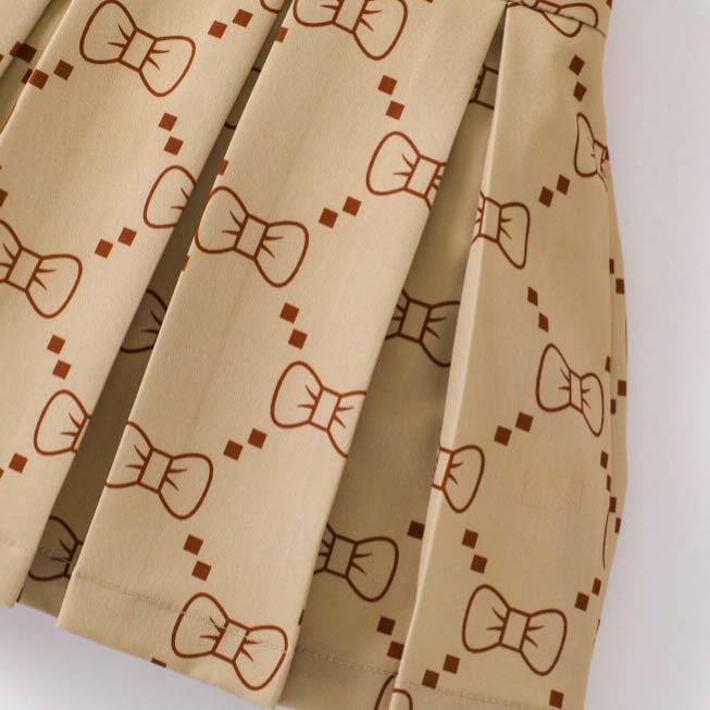 Luxury Vintage Bowknot Printed Kids Clothing Girls V-neck Collar Sleeveless Vest Pleated Skirt Children's Clothes For Girls